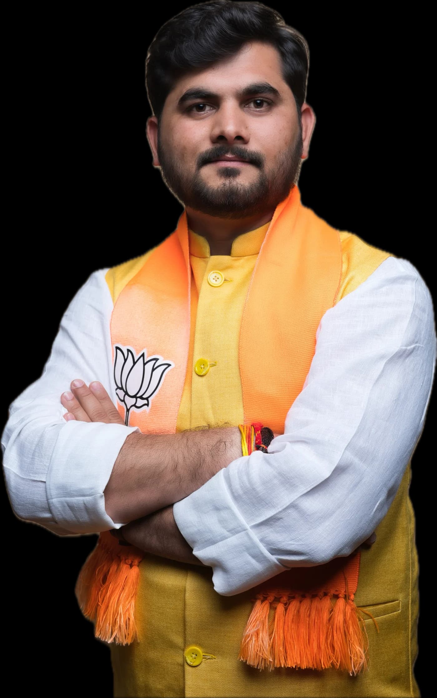 सार्वजनिक परिचय के लिए उपलब्ध भगवा सदरी में औपचारिक व्यक्तिचित्र।